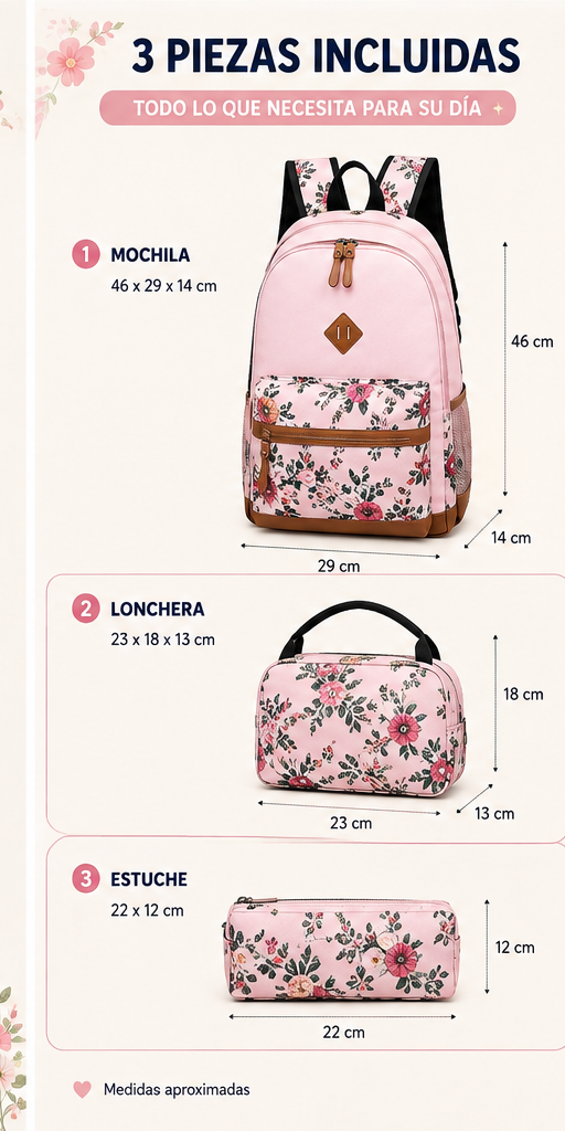 Pack Escolar Floral de 3 Piezas